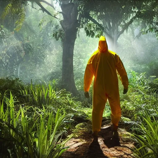 Image similar to a man wearing a hazmat suit, walking through a lush jungle, realistic octane render, ray traced, god rays, extremely high detail