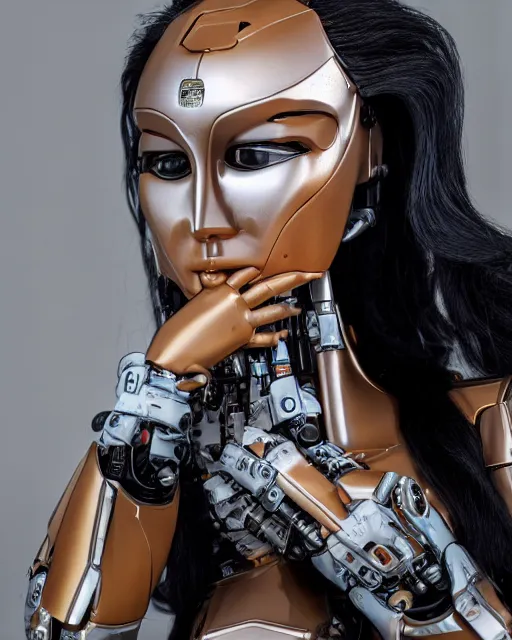 Image similar to blissful tia carrere with solarpunk mecha humanoid robotic parts with bright led lights, real human face, pudica pose gesture, by michelangelo, in white room, ultra - realistic and intricate, portrait shot 8 k