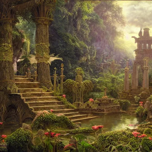 Image similar to a beautiful and highly detailed matte painting of a lost temple in a magical fantasy garden in a lush forest, intricate details, epic scale, insanely complex, 8 k, sharp focus, hyperrealism, very realistic, by caspar friedrich, albert bierstadt, james gurney, brian froud,
