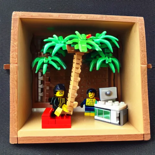 Prompt: lego minifig diorama tropical island palm trees pirates vines monkeys treasure chest god rays