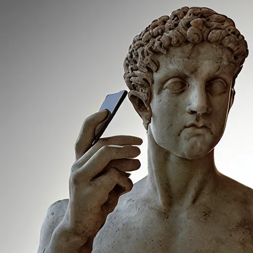 Image similar to An ancient roman sculpure of a man holding a phone, realistic, ultra high detail, 8k.
