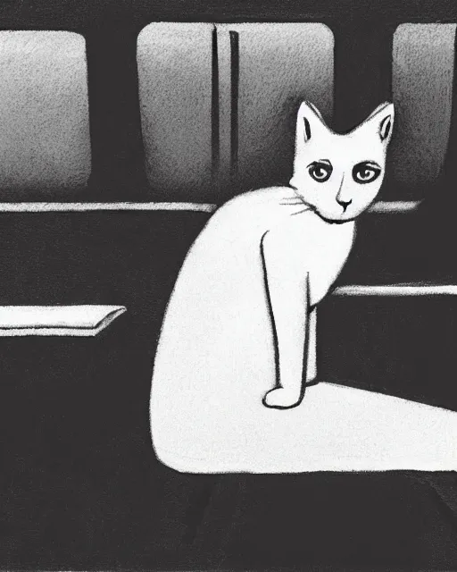 Image similar to a cat seated on the subway, cross-legged. White background. New Yorker cartoon. B&W. Black and white.