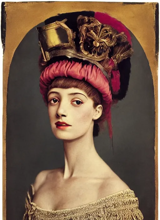 Image similar to portrait of young woman in renaissance dress and renaissance headdress, art by richard avedon