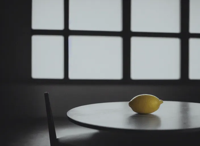 Image similar to dark liminal room, lemon sits idly on a centered table, eerie atmosphere, dark dramatic lighting, trending on unsplash, 4 k photorealism