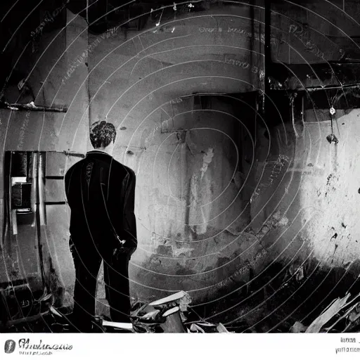 Image similar to two men in black, watching a black hole forming in the grimy grungy basement of an abandoned apartment block, wires, cables, grainy black and white photography