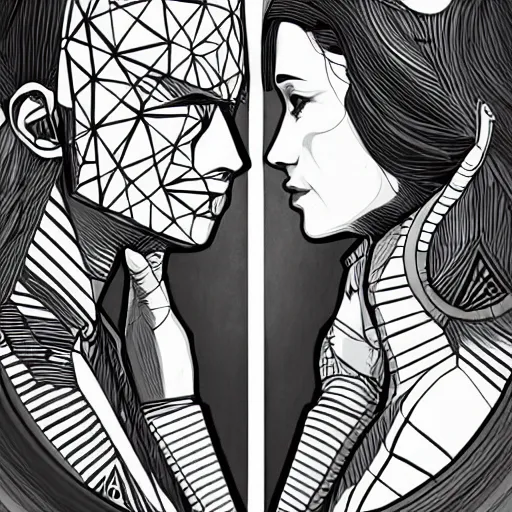 Image similar to perfectly centered geometrical symmetrical split male and female portrait of man and woman in love sharing one heart. illustration, highly detailed, simple, no jagged lines, smooth, artstation, artwork by obey, artwork by sandra chevrier