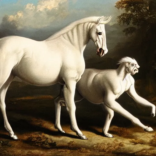 Image similar to A creature consisting of a white ape and a black horse
