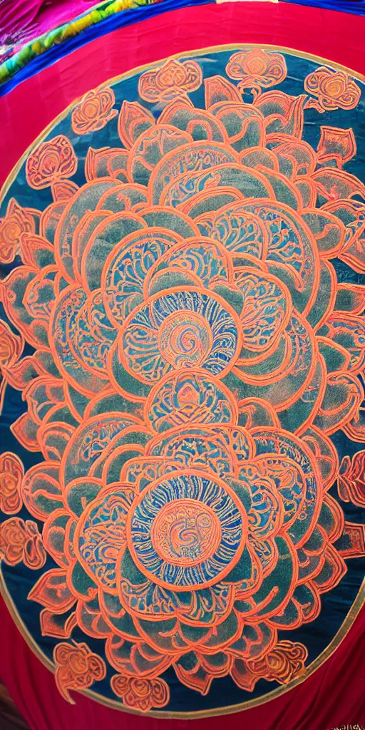 Image similar to a very intricate huge lotus thangka mandala on silk, shot by 5 0 mm f 2