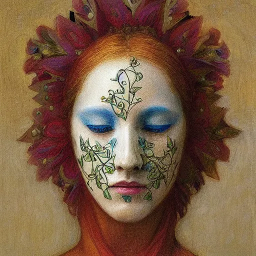 Prompt: masterpiece painting of a facemask made of stylized flowers, by annie swynnerton and jean delville and tino rodriguez, flower mask, symbolist, dramatic lighting, god rays, elaborate geometric ornament, clean crisp graphics, soft cool colors, smooth, sharp focus, extremely detailed