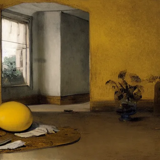 Prompt: A realistic detailed matte painting of a giant empty room with yellow walls, bushes, glass reflections, a little pile of eggs in the corner, yellow particles, by Édouard Manet, Rembrandt, detailed light, realistic shaders, trending on artisation, detailed textures, detailed, realistic, trending on artisation, trending on realism.