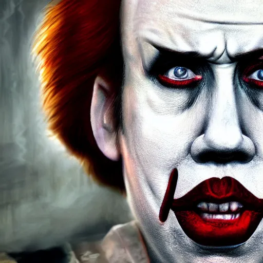 Prompt: nicholas cage as pennywise portrait, cinematic, realistic photography