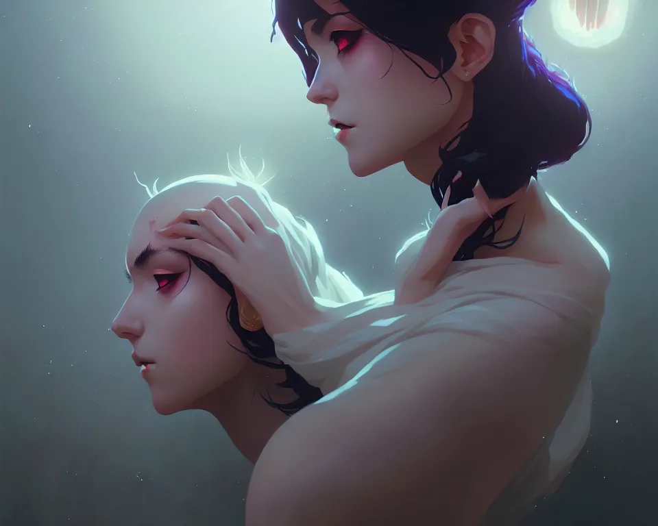 Image similar to extremely beautiful panting of goddess of the realm of the dead, by ilya kuvshinov, greg rutkowski and makoto shinkai, trending on artstation