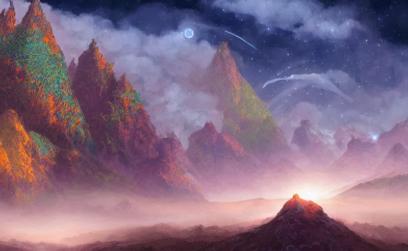 Prompt: mountains, stars and paisley filled sky, artstation, intricate, highly detailed, digital painting, concept art, sharp focus, illustration by Roger Dean and Yoshitaka Amano
