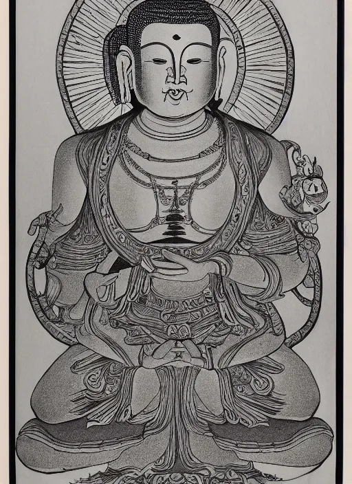 Image similar to detailed pen and ink illustration of a Buddhist bodhisattva with a bears head, anthropomorphic, seated in royal ease, 0.2 black micron pen on white paper, gilded gold halo behind head, highly detailed, fine pen work, white background, in the style of Olivia Kemp