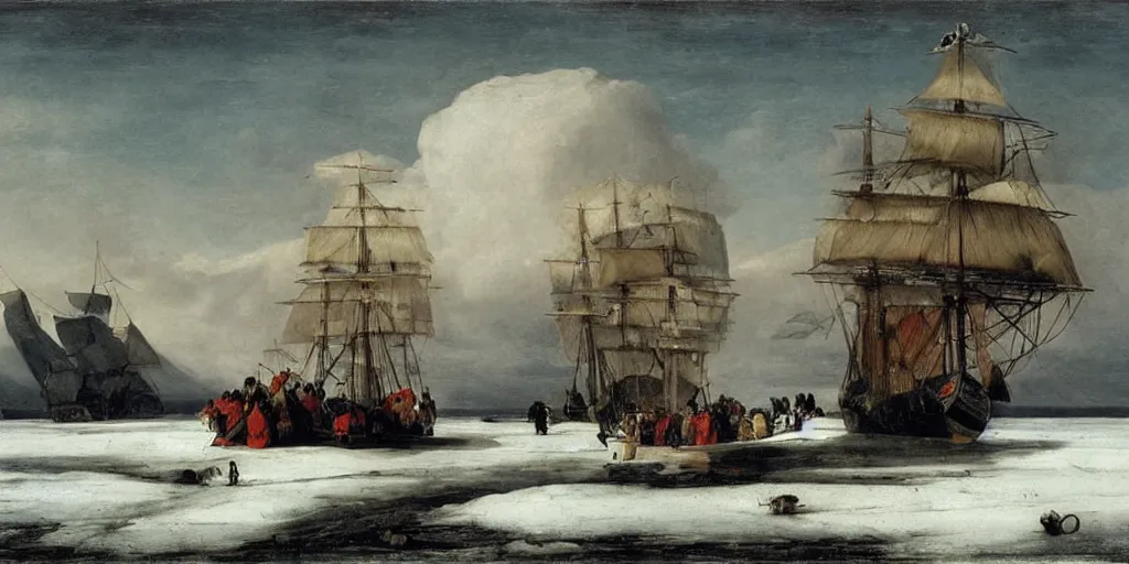 Image similar to a single 1840s British sail ship stuck in sea ice, HMS Erebus, grim, HD, frozen sea, ice seracs, painted by Edwin Henry Landseer