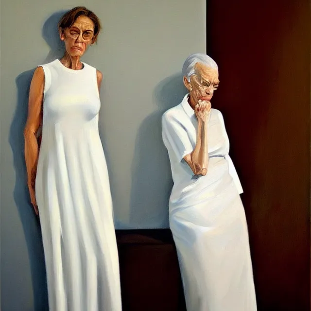 Image similar to a painting of a stunning middle aged woman in a white dress, a photorealistic painting by julio larraz, trending on cg society, figurative art, hyper realism, oil on canvas, detailed painting, eerie, liminal