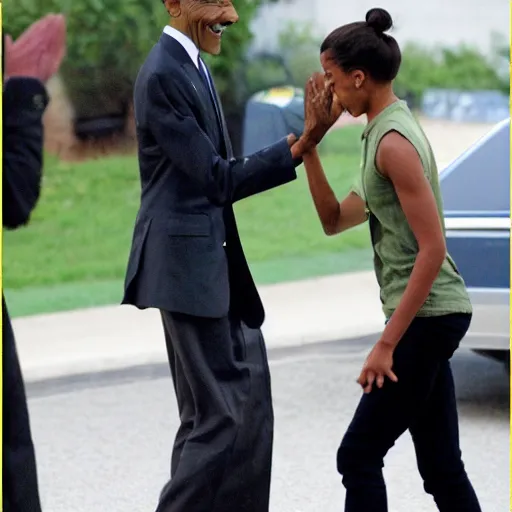 Prompt: paparazzi photo of arya stark high fiving barrack obama