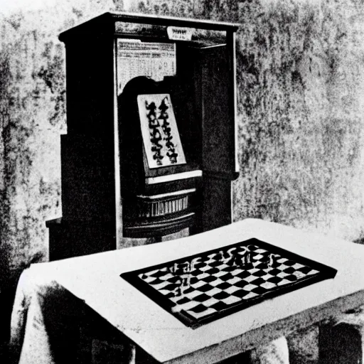 Image similar to underexposed photo of Marcel Duchamp in a room with an ancient chess machine, tri-x, archival pigment print in the style of Hito Steyerl, contemporary art