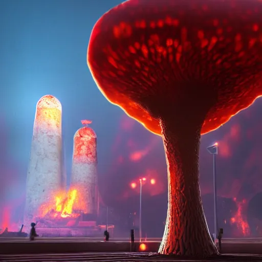 Image similar to a big nuclear explosion with realistic nuclear mushroom in Red Square Kremlin, dramatic lighting, cinematic, extremely high detail, photo realistic, cinematic lighting, post processed, concept art, artstation, matte painting, unreal engine 8k