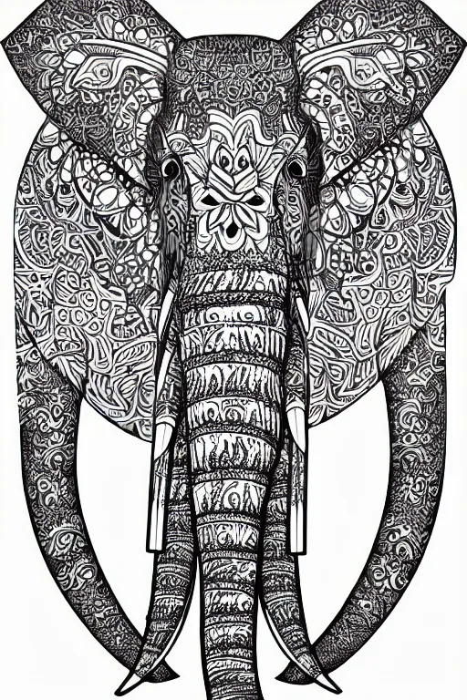 Prompt: elephant, ornaments, fractal, ink drawing, line art colouring page