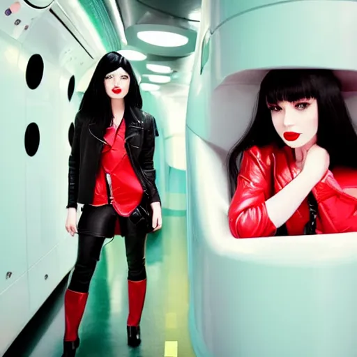 Image similar to Android girl, very pale skin, red lipstick, green eyes, jet black hair, cherry-red jacket, black leather pants, boots, hair over one eye, futuristic capsule hotel