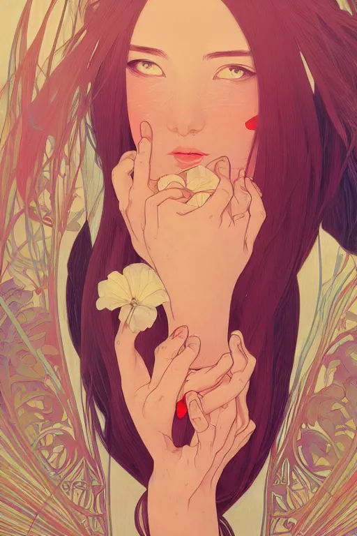 Prompt: A beautiful girl who is praying,centered face, intricate complexity, rule of thirds, face by Artgerm, character concept, dramatic lighting, complementary colors,in the style of Thomas River and ilya kuvshinov,alphonse mucha, Miho Hirano, beautiful detailed illustration,shot on 70mm.