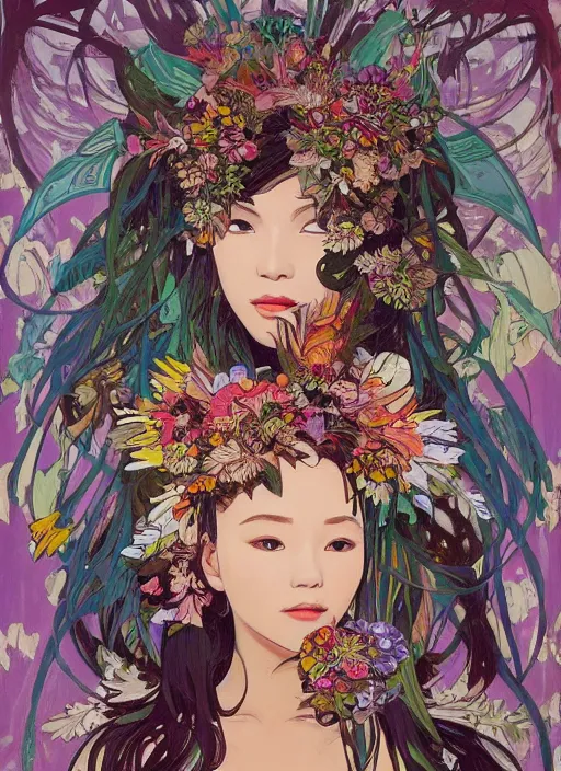 Image similar to !!! very coherent!!! oil painting, beautiful floralpunk iban cyborg portrait girl female illustration detailed patterns art of sarawak traditional dress, flower pop art, floral splash painting, art by ashley wood, alphonse mucha, makoto shinkai, geof darrow, dark shadow