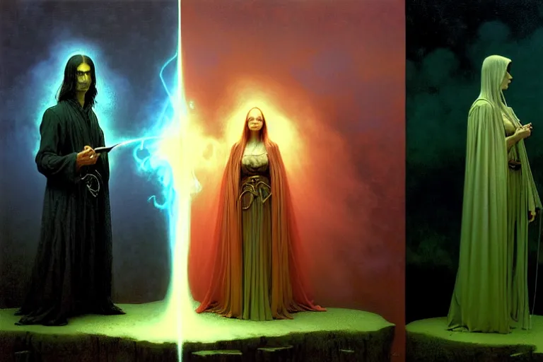 Prompt: the female arcanist and the male artificer by zacharias aagaard and albert bierstadt and gerald brom and zdzisław beksinski and james gilleard and wayne barlowe and jean delville, beautiful, robes, highly detailed, hyperrealistic, intricate, energy, electricity, blue flame, low light, green crystal, high contrast