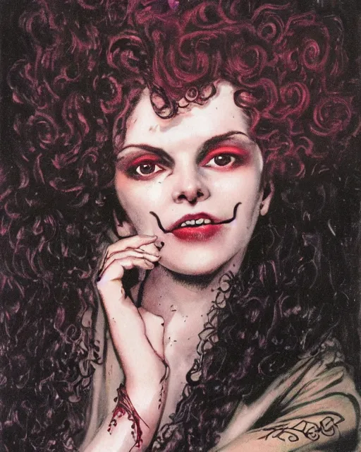 Image similar to a handsome but creepy, sinister, smiling young woman, with haunted eyes and curly hair, wearing punk clothing, 1 9 7 0 s, seventies, wallpaper, a little blood, moonlight showing injuries, delicate embellishments, painterly, offset printing technique, by brom, robert henri, walter popp