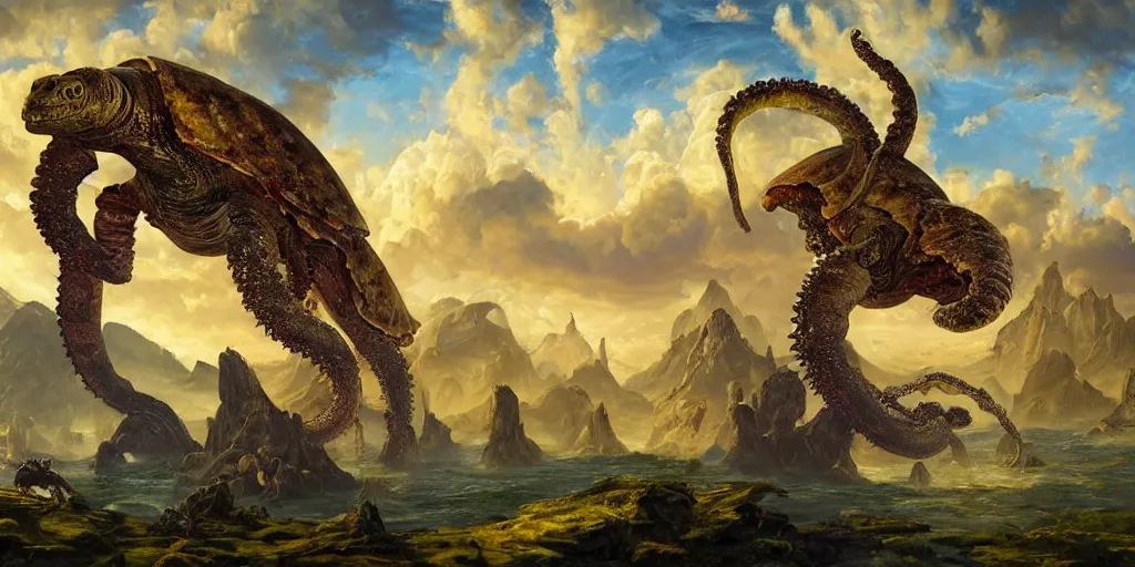 Image similar to fantasy oil painting, great leviathan, cybernetic turtle cephalopod terrapin reptilian pachyderm squid, bella hadid, hybrid, milla jovovich, anubis, epic natural light, lush plants flowers, spectacular mountains, bright clouds, luminous sky, outer worlds, golden hour, michael cheval, edward hopper, michael whelan, vray, hd