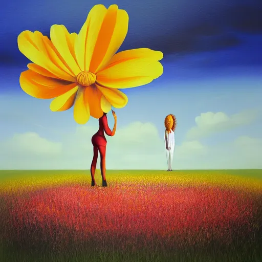 Image similar to huge flower as head, woman standing in a field, surreal, flat light, painting, digital painting, artstation, georgia o'keeffe