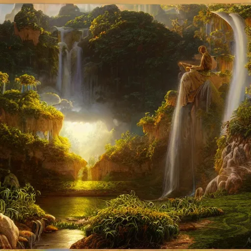 Image similar to realistic detailed view of heaven by terance james bond, russell chatham, greg olsen, thomas cole, james e reynolds, photorealistic, fairytale, art nouveau, white light, gold color, illustration, concept design, storybook layout, story board format