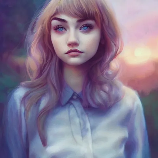 Image similar to a beautiful scenic photo of a beautiful young girl that looks like imogen poots by artgerm and wlop and wes anderson and spike jonze