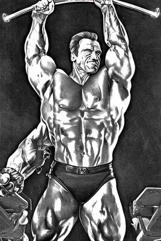 Image similar to arnold schwarzenegger power lifting a truck over his head, by artgerm and moebius and alphonse mucha, hyperdetailed, dc comics, explosions in the sky, trending on deviantart