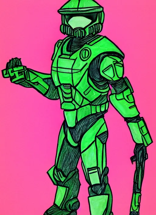 Image similar to green master chief drawn with markers on a pink background