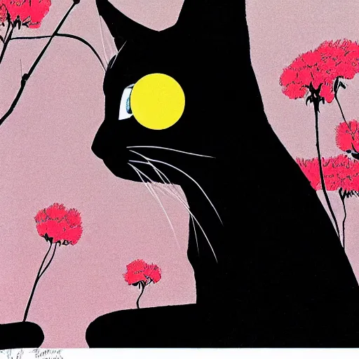 Prompt: black cat, moon, flowers, super detailed, tatsuro kiuchi, by ilya kuvshinov, by clyde caldwell