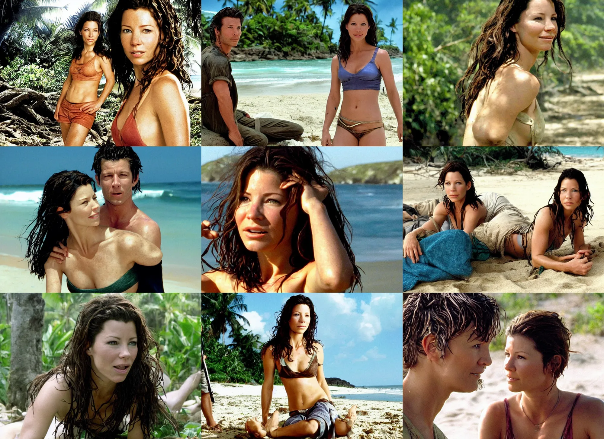 Prompt: evangeline lily as kate austen on a tropical beach with jack, tv series lost ( 2 0 0 4 )