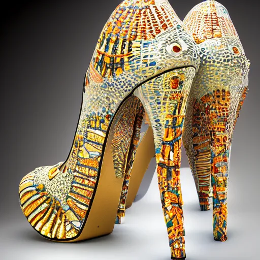 Image similar to high heel shoes in the style of gaudi, highly detailed, studio lighting