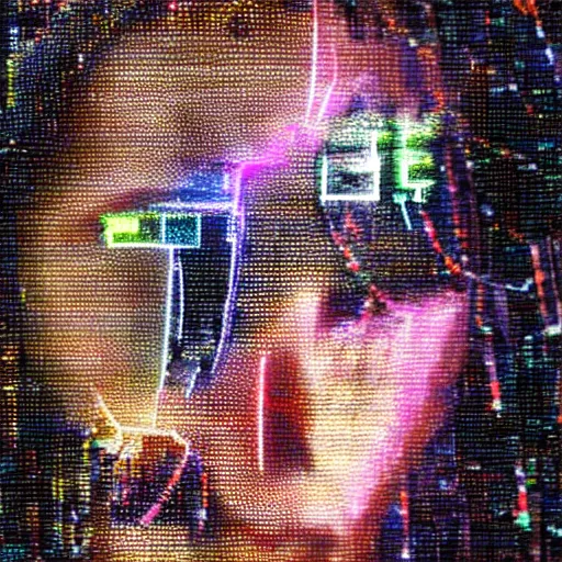 Image similar to woman cyborg, led display on forehead, wires, glitched, pixel sorting, mimmo rotella, alan bean, john chamberlain, peter kemp