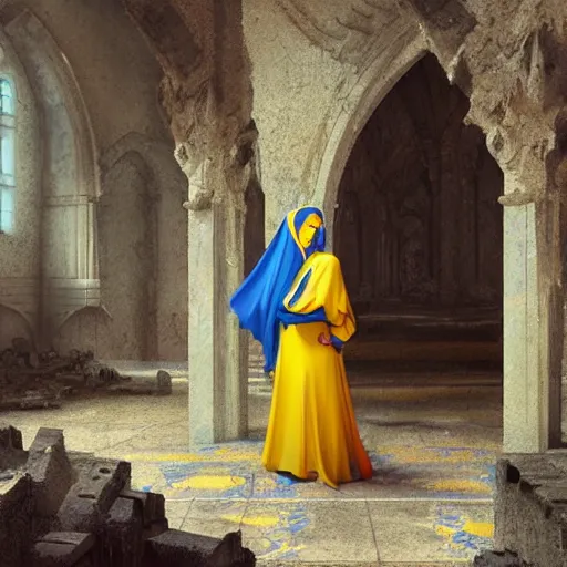 Prompt: a middle - eastern female cleric with straight black hair wearing blue and yellow vestments exploring an abandoned monastery, fantasy, highly detailed, digital painting, artstation, concept art, character art, art by greg rutkowski and tyler jacobson and alphonse mucha