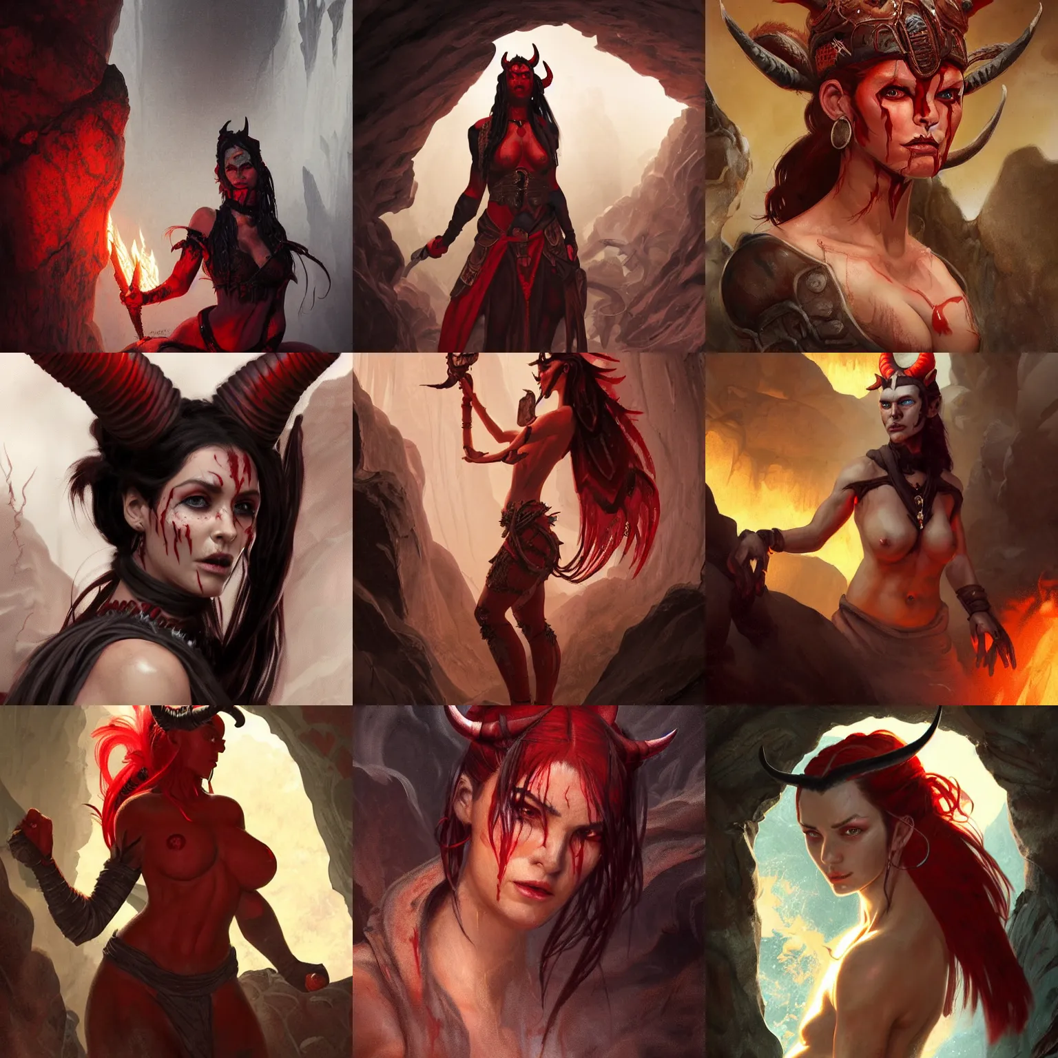 Prompt: portrait of a strong bloodthirsty female berber tiefling with red skin, devil horns and black hair in a ponytail exploring a cave with fires burning in cracks in the walls, fantasy, highly detailed, digital painting, artstation, concept art, character art, art by greg rutkowski and tyler jacobson and alphonse mucha