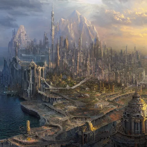 Image similar to a beautiful stunning insanely detailed complex matte painting of a magical mythical city at the edge of the world, by James Gurney, artstation