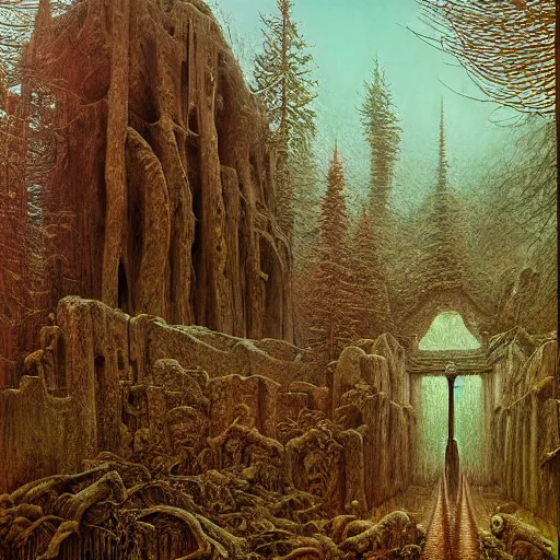 Prompt: the lost temple, forest, hyper detailed, HDR by zdzisław beksiński