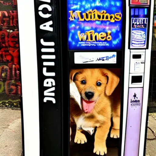 Prompt: in a dark alley at night a vending machine sells puppies only visible by the light from the vending machine.
