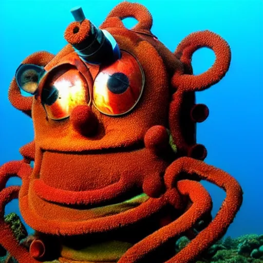 Image similar to rusted barnacle covered teletubby at the bottom of the ocean