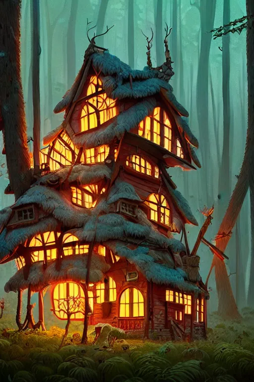 Prompt: a shot from a wes anderson movie of a storybook style ramshackle multistory fairytale hut in the forest, intricate, elegant, fantasy, highly detailed, digital painting, concept art, sharp focus, artstation