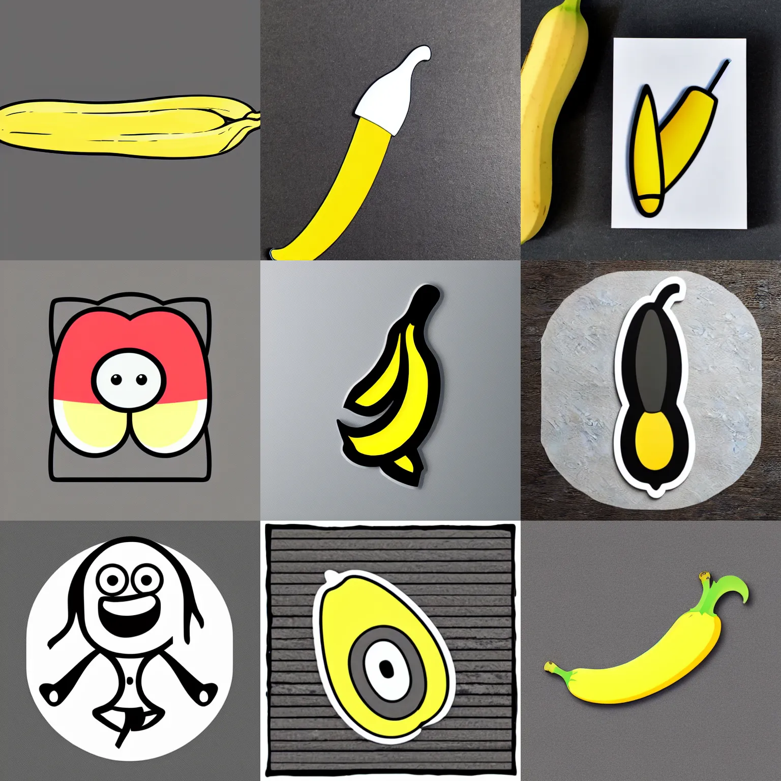 Prompt: cartoon banana, die cut sticker with a white border, gray background