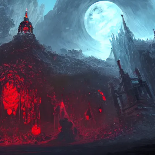 Image similar to penguin with red glowing eyes in the foreground, eternal necropolis tower in the background, guild wars 2 art style