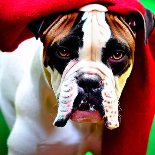 Image similar to portrait of american bulldog as afghan puppy, green eyes and red scarf looking intently, photograph by steve mccurry