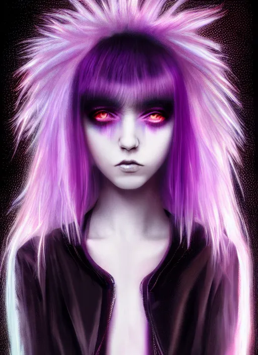 Image similar to hair whitebangs hair, black cyberlox, portrait of teenage girl with white bangs, whitebangsblackhair, messy bangs, cyberlox, whitebangs, red irises, purple clothes, intricate, elegant, glowing lights, highly detailed, digital painting, artstation, concept art, sharp focus, illustration, art by wlop, mars ravelo and greg rutkowski